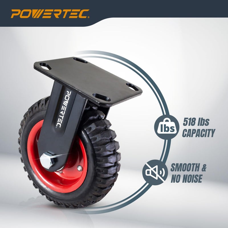 POWERTEC 8 Inch Caster Wheels, Heavy Duty Fixed Plate Casters with Rubber Knobby Tread for Workbench, Dolly, Cart, Trolley, Wagon, Toolbox and Chicken Coop, Large Rubber Castor Wheels, 1PK (17053) - Image 3